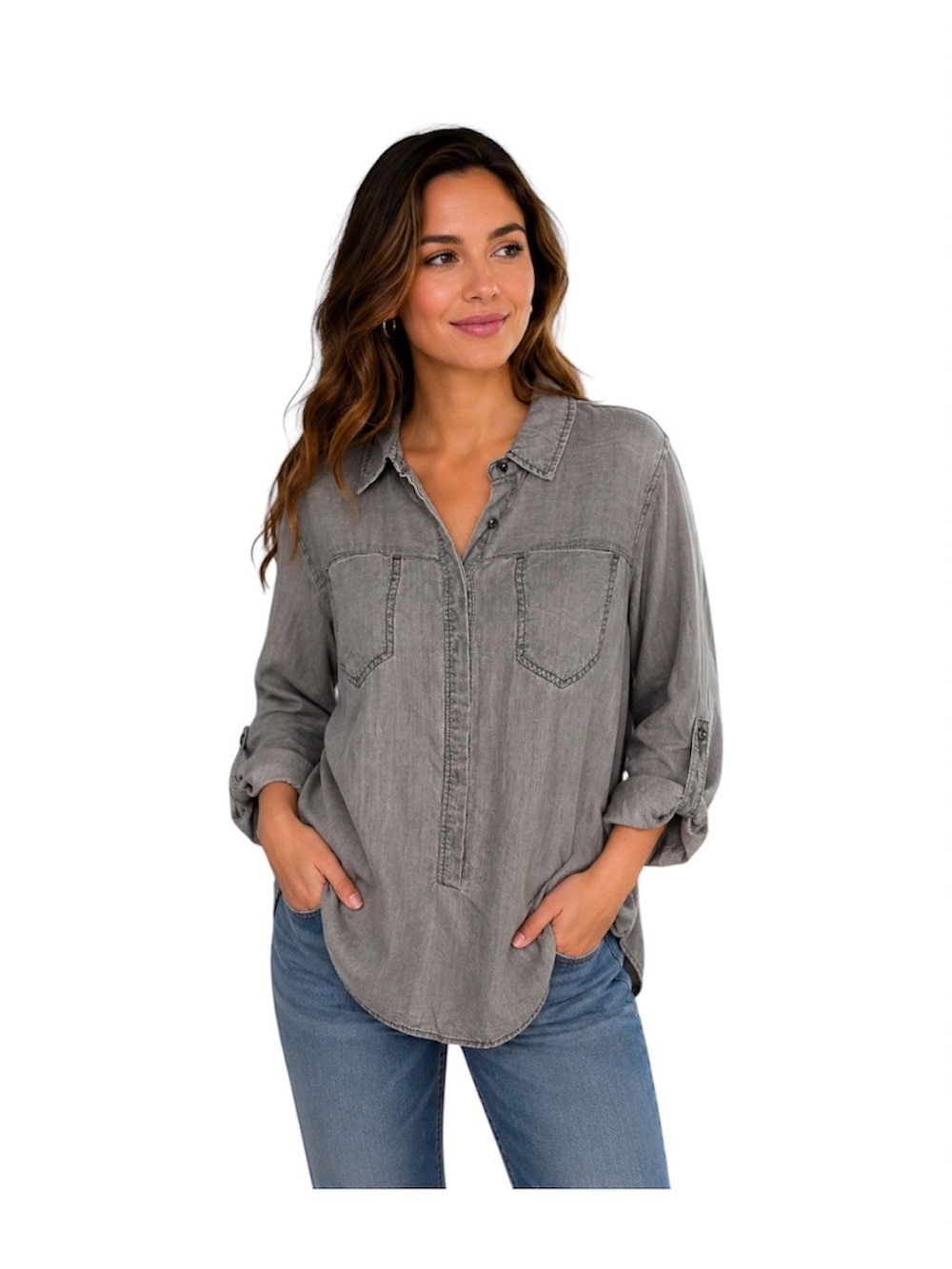 intro. 100% Lyocell Washed Gray Blouse Size Large Roll Tab Sleeves